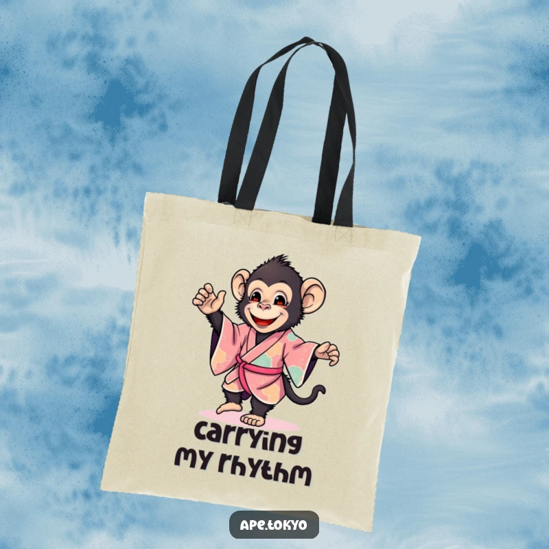 Funny ape in a vibrant kimono dancing gently, making this a humorous and cheerful tote bag, a great funny gift.