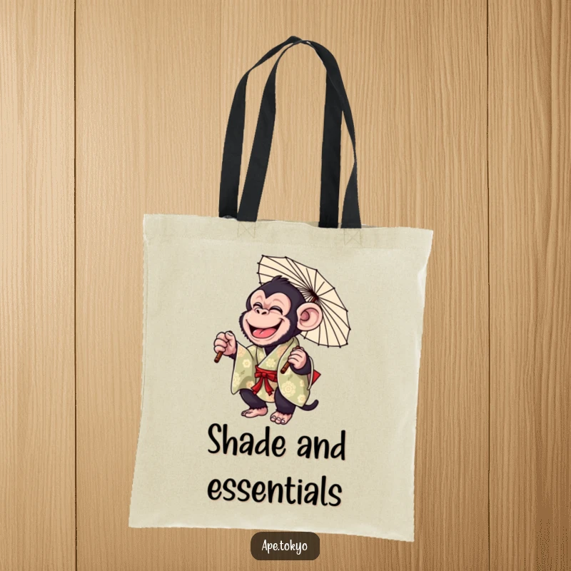 Funny Chimp Parasol Twirl Tote Bag: Giggling chimpanzee in a colorful kimono, playfully twirling a parasol, perfect for carrying humor everywhere.