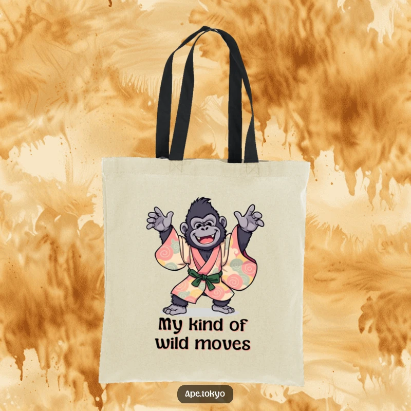 Funny Gorilla Kimono Tote Bag: A joyful gorilla in a vibrant kimono, striking a dynamic dance pose, perfect for carrying humor everywhere.