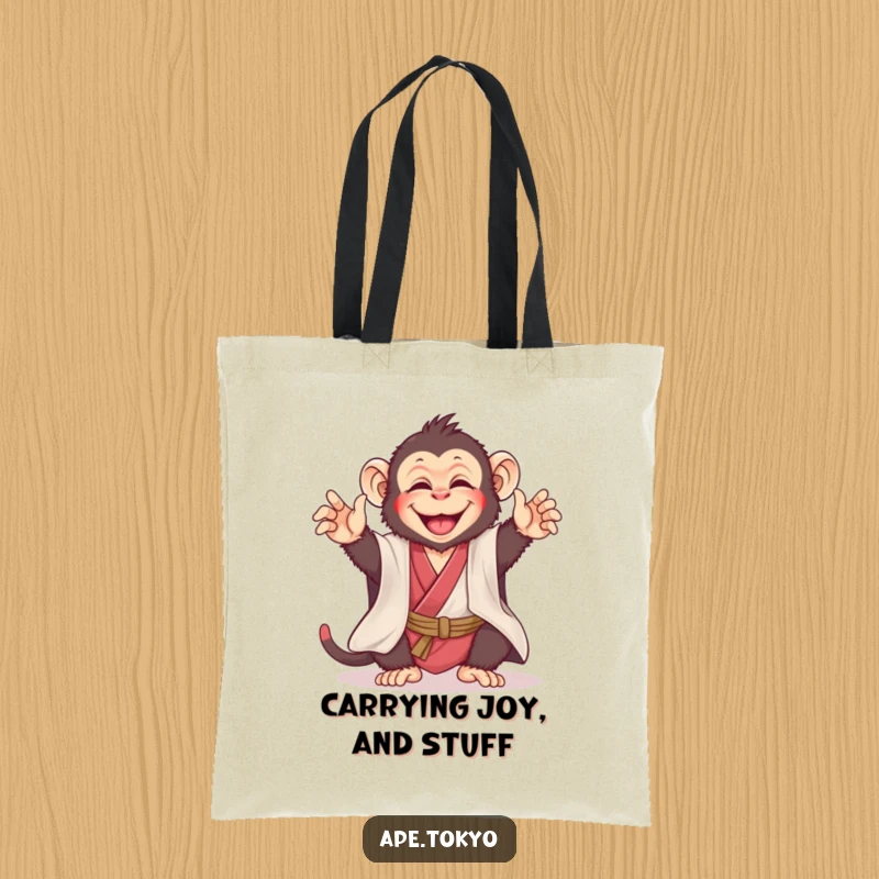 Funny ape in a silk kimono doing a joyful, playful bow, making this a humorous and cheerful tote bag, a great funny gift.