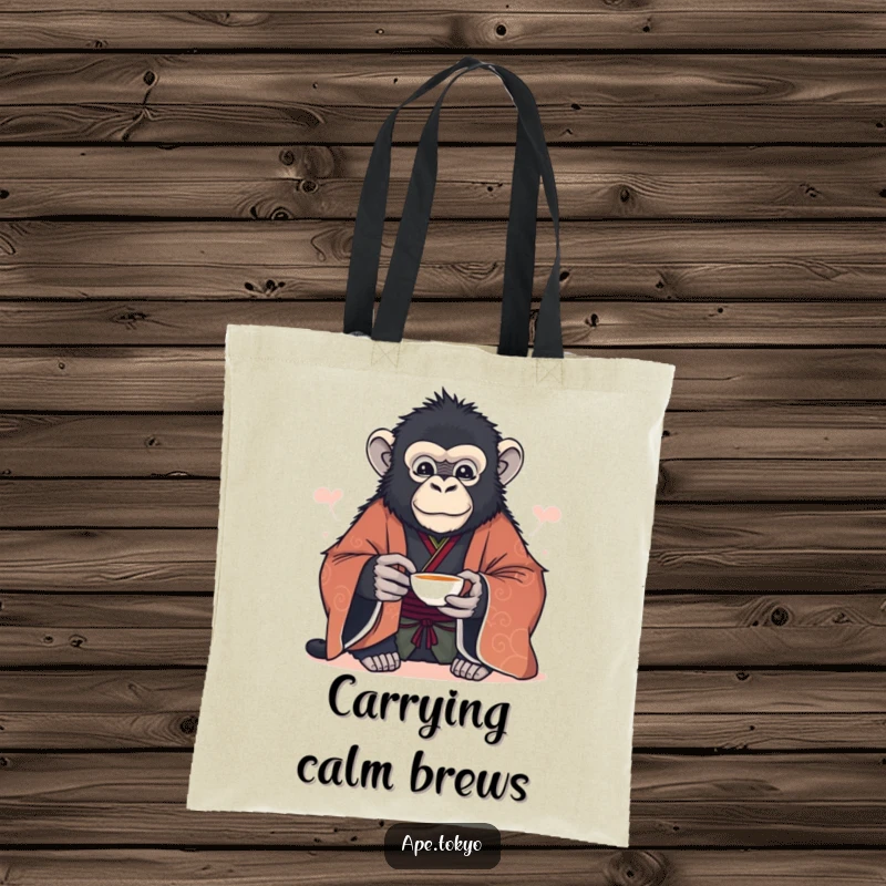 Funny majestic ape in formal kimono offering a delicate tea cup serenely, tote bag, elegant accessory.
